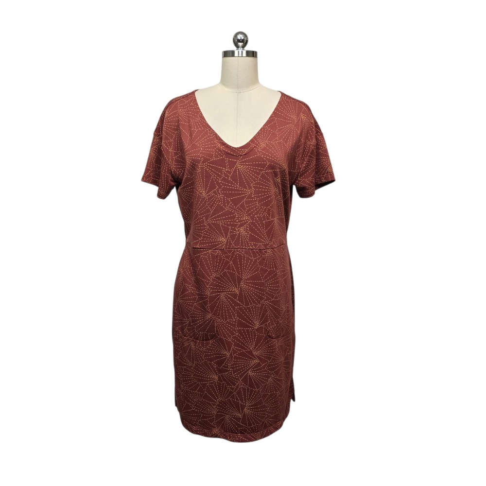 Title Nine Womens Rust Brown Geometric Starburst V-Neck Pocket Shift Dress S